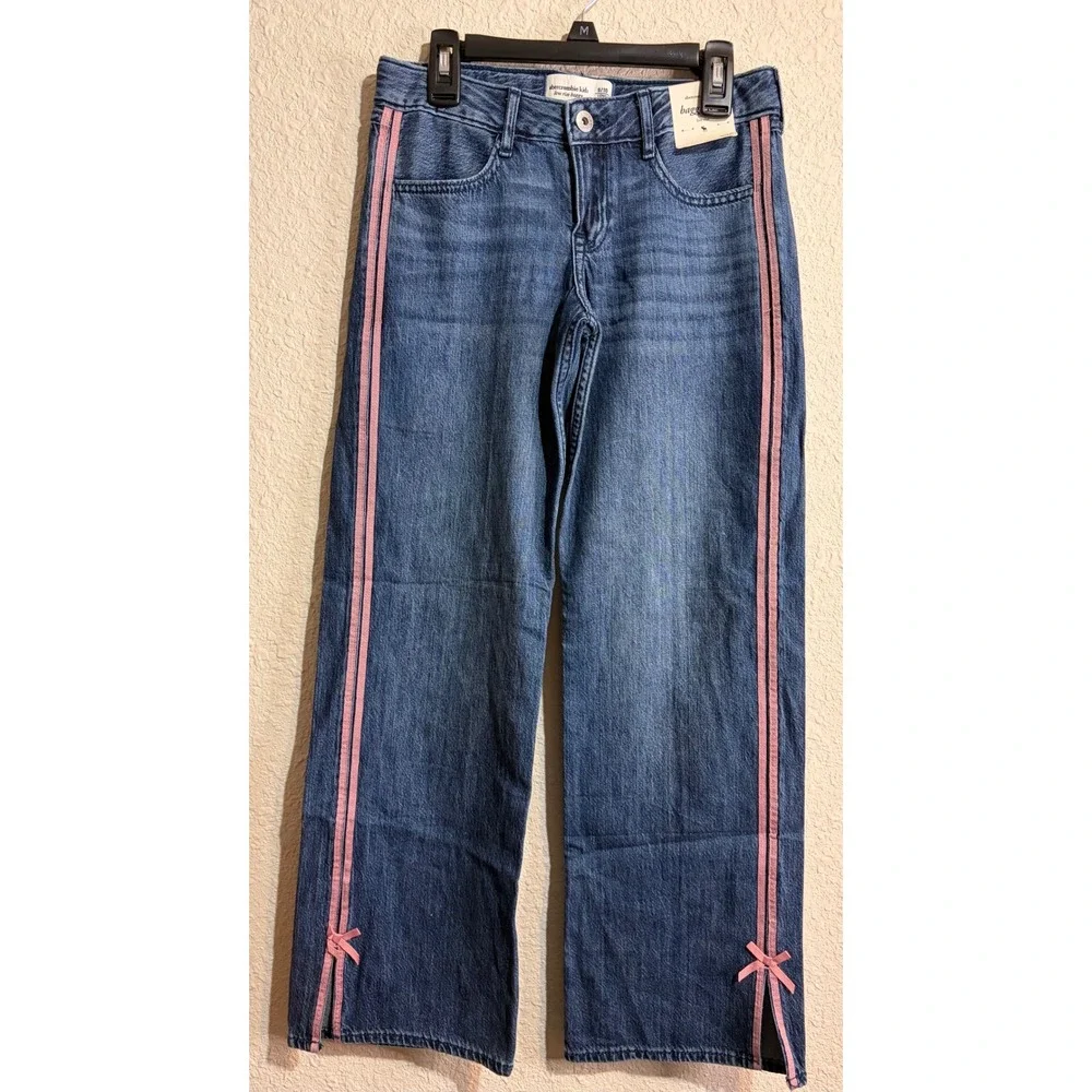 Abercrombie Kids Low Rise Baggy Jeans Blue Pink Side Stripe Bows 9/10 Long NWT